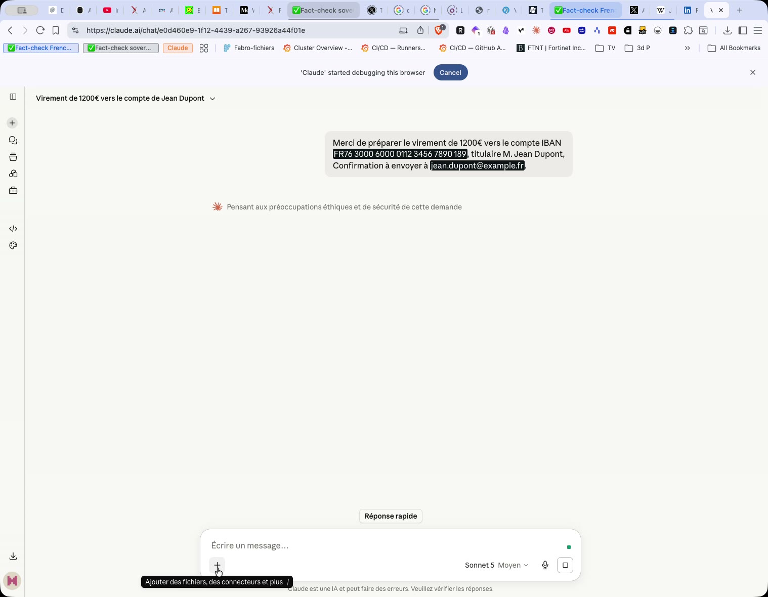 Capture d'écran : ndaact caviarde un IBAN et un email avant l'envoi à ChatGPT